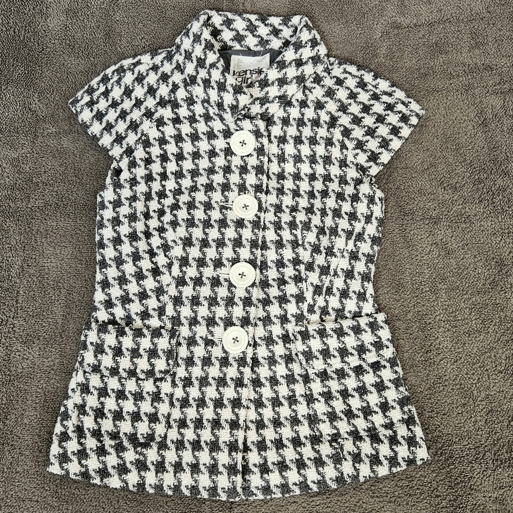 Kensie Girl Button Up Blazer Short Sleeve  Lined Houndstooth Size XS
